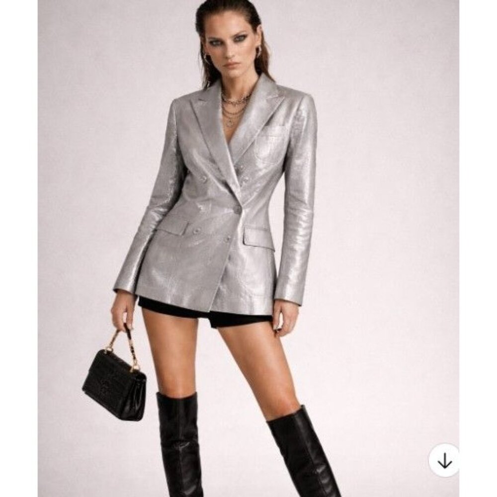 Lauren Ralph Lauren Silver Foil Blazer Edgy Chic Luxury Old Money Night Out 6